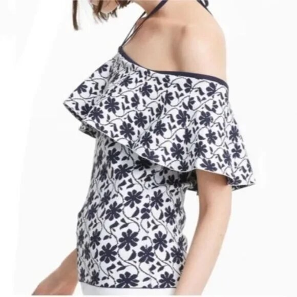 Club Monaco White & Navy Rowlen Blue Floral‎ Off Shoulder Knit Women's Top Small - Picture 12 of 14
